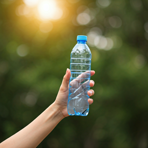 Clean still-life of a glass bottle on a textured washi paper background